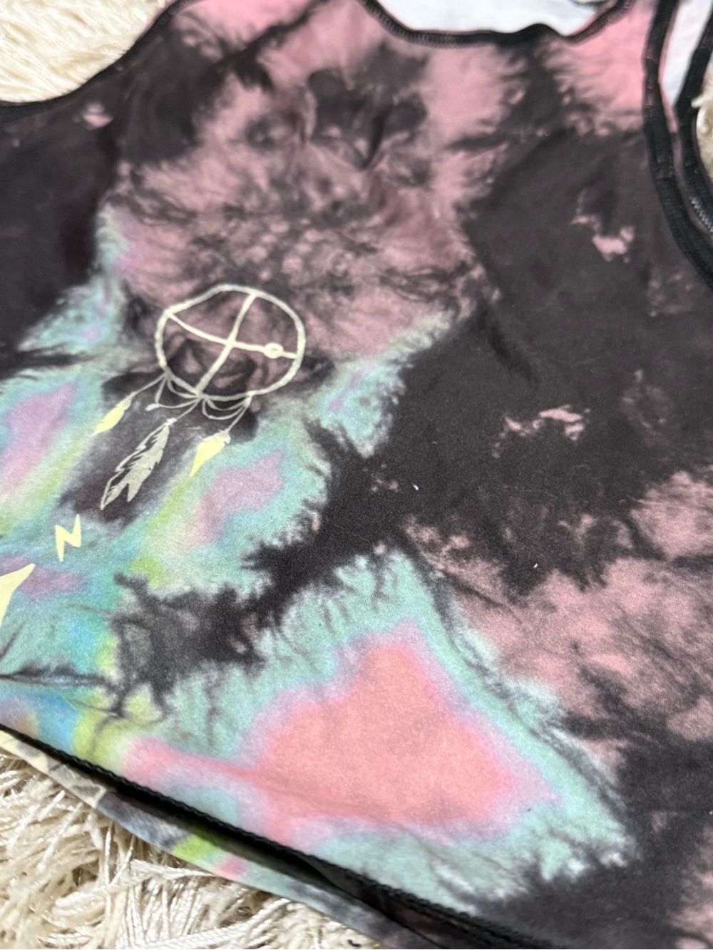 Teeki Tie Dye Crop Top Feather Graphic Yoga Tank Top XS/S - Picture 3 of 8